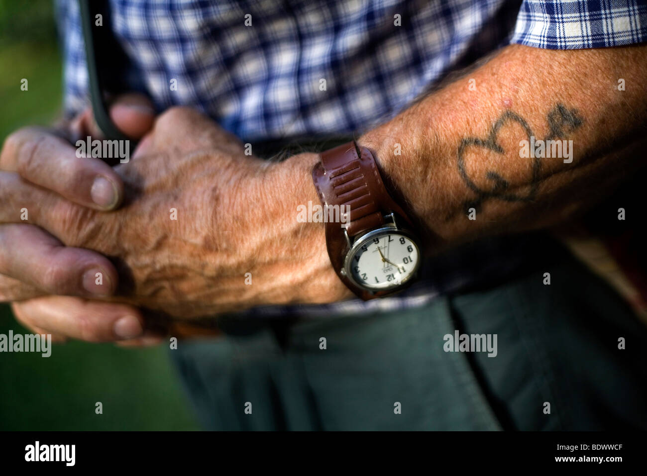 A man with a tattoo that shows a heart with an arrow through it in Pec, Hungary Stock Photo