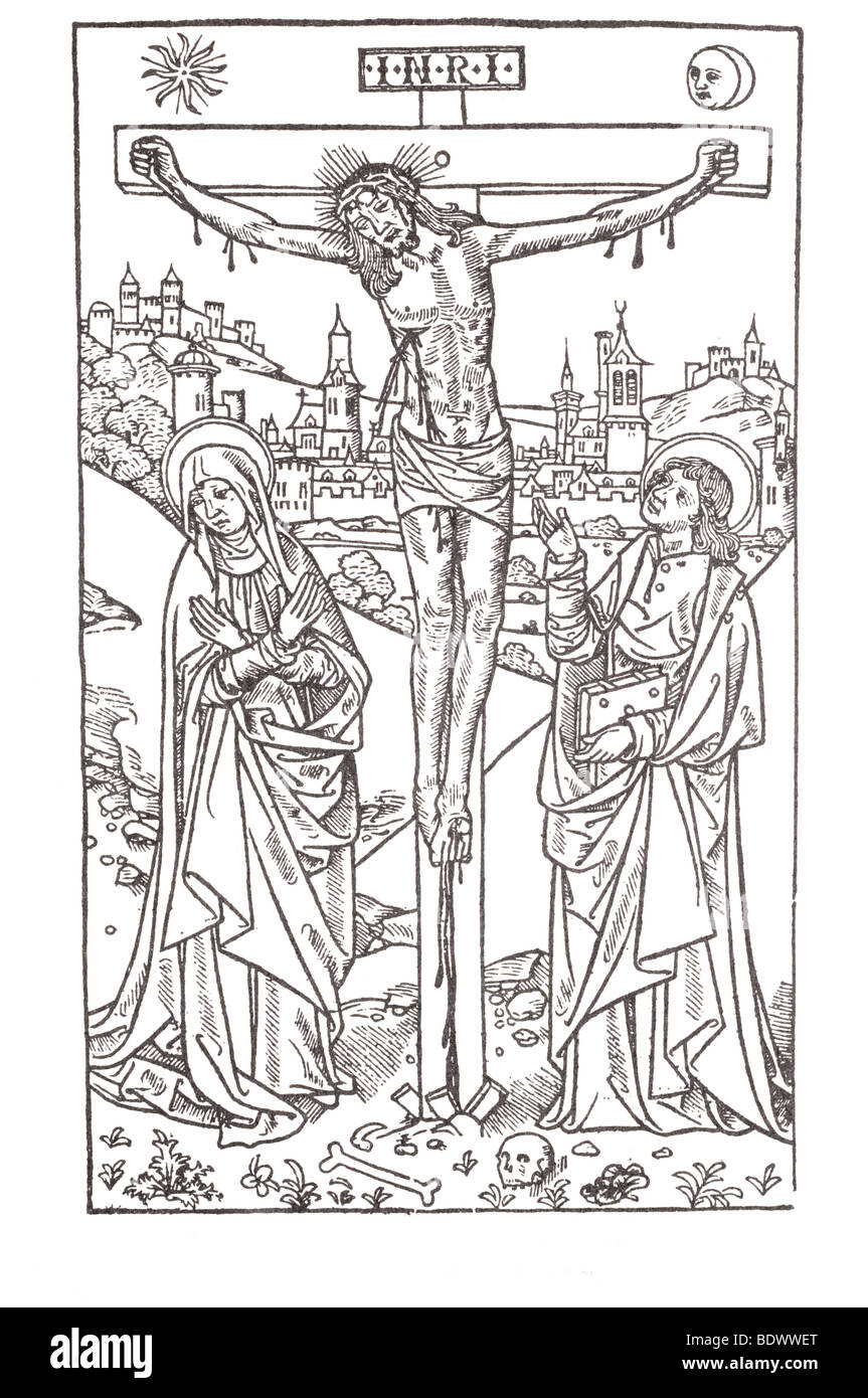 R Pynson 1512 8 Kal Mar Missale Ad Usum Sarum The Crucifixion Mary In A Double Nimbus Her Head Bent Towards The Left Her Arms Cr Stock Photo Alamy