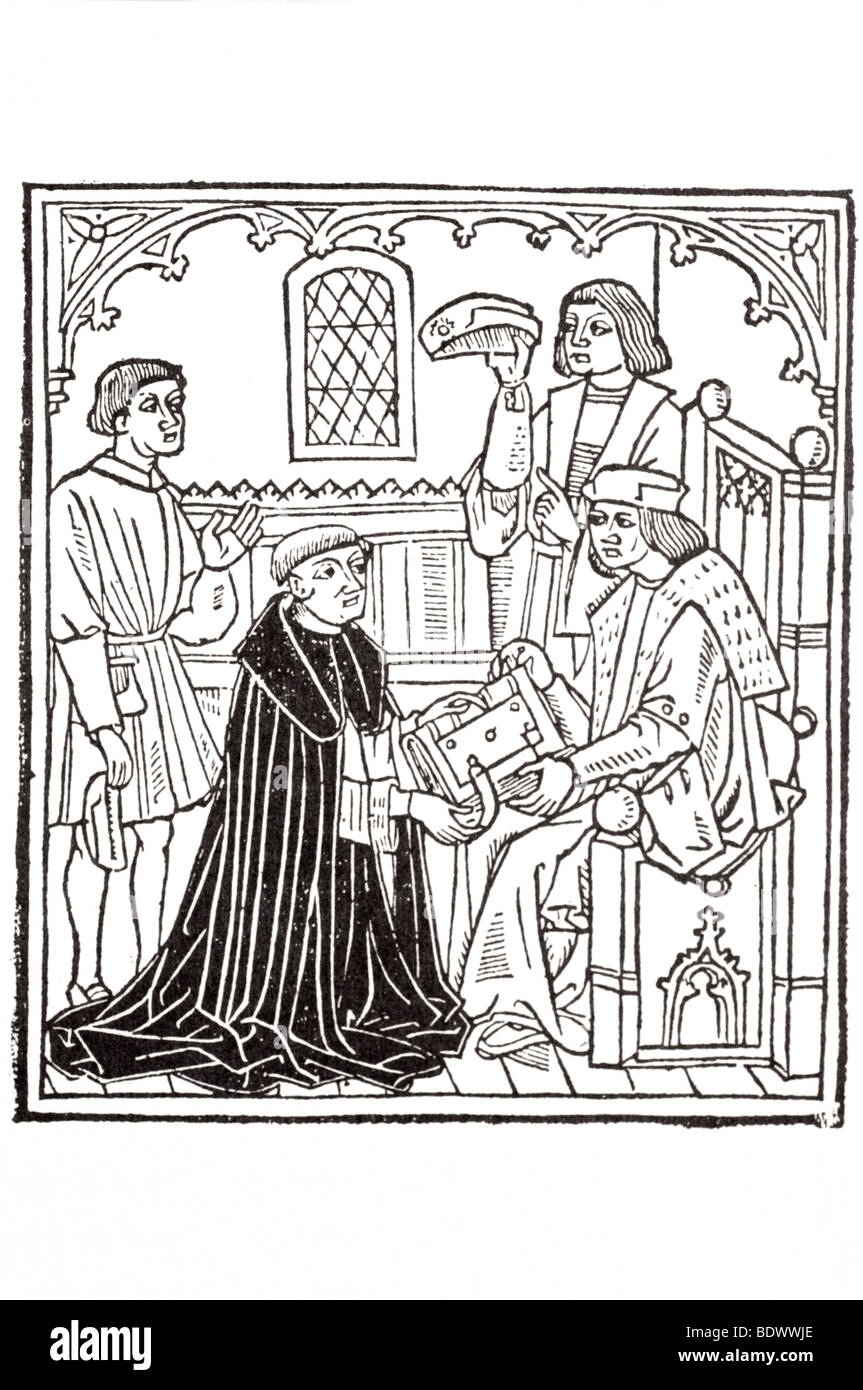 r paynon 1520 mancinus dominicus myrrour of good maners mirror a servant a dominican monk kneeling to present a clasped book to Stock Photo