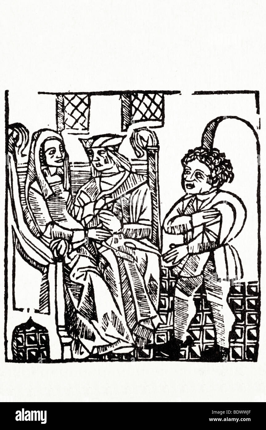 r pynson 1523 15 july fitzherbert john boke of surueyeng a woman and a man sitting aesop curly haired and hunch backed an ornate Stock Photo