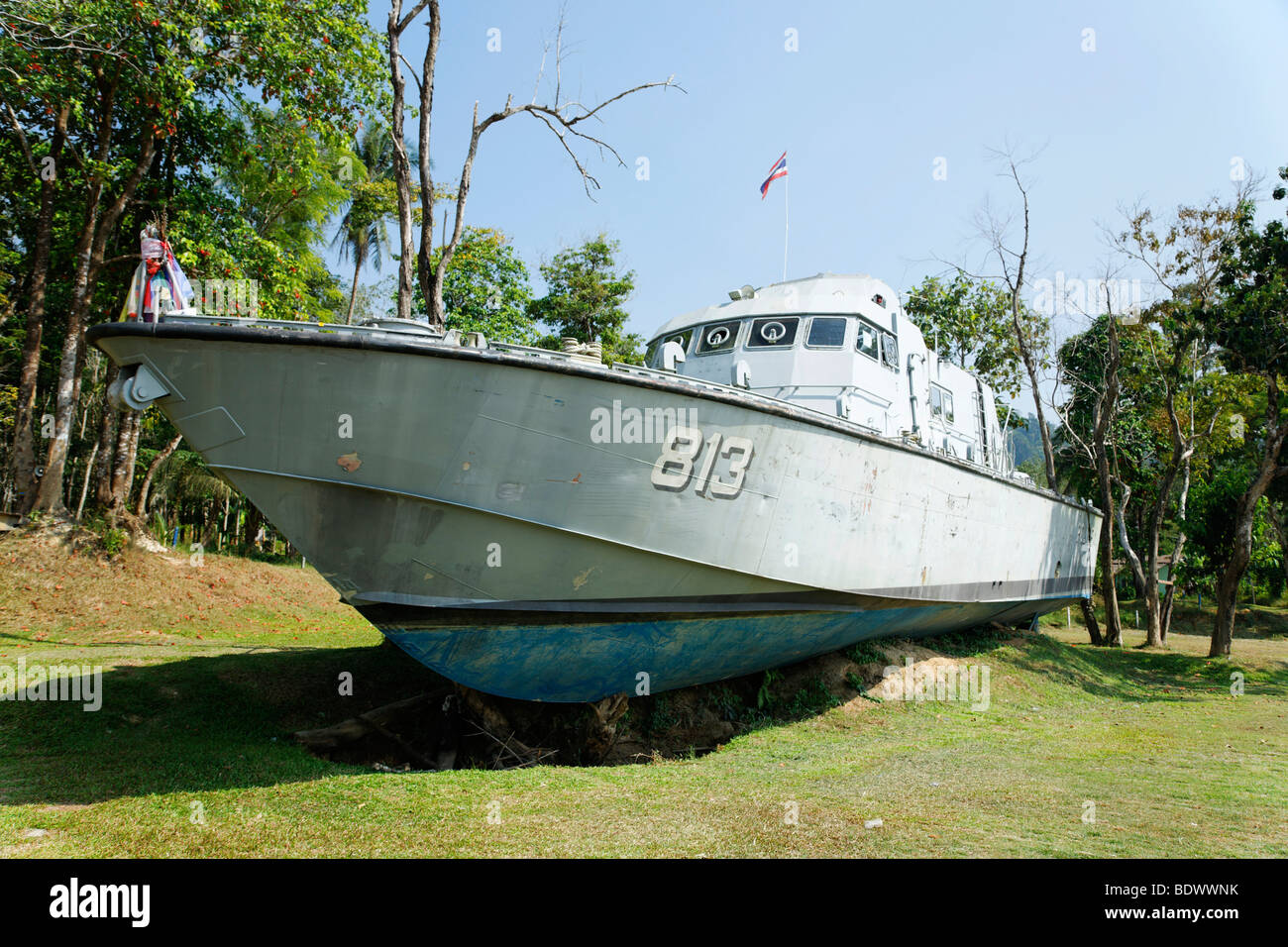 Speedboat of coast guard was landed by the tsunami on 26th of December 2004, today memorial, Khao Lak, Phuket, Thailand, Asia Stock Photo