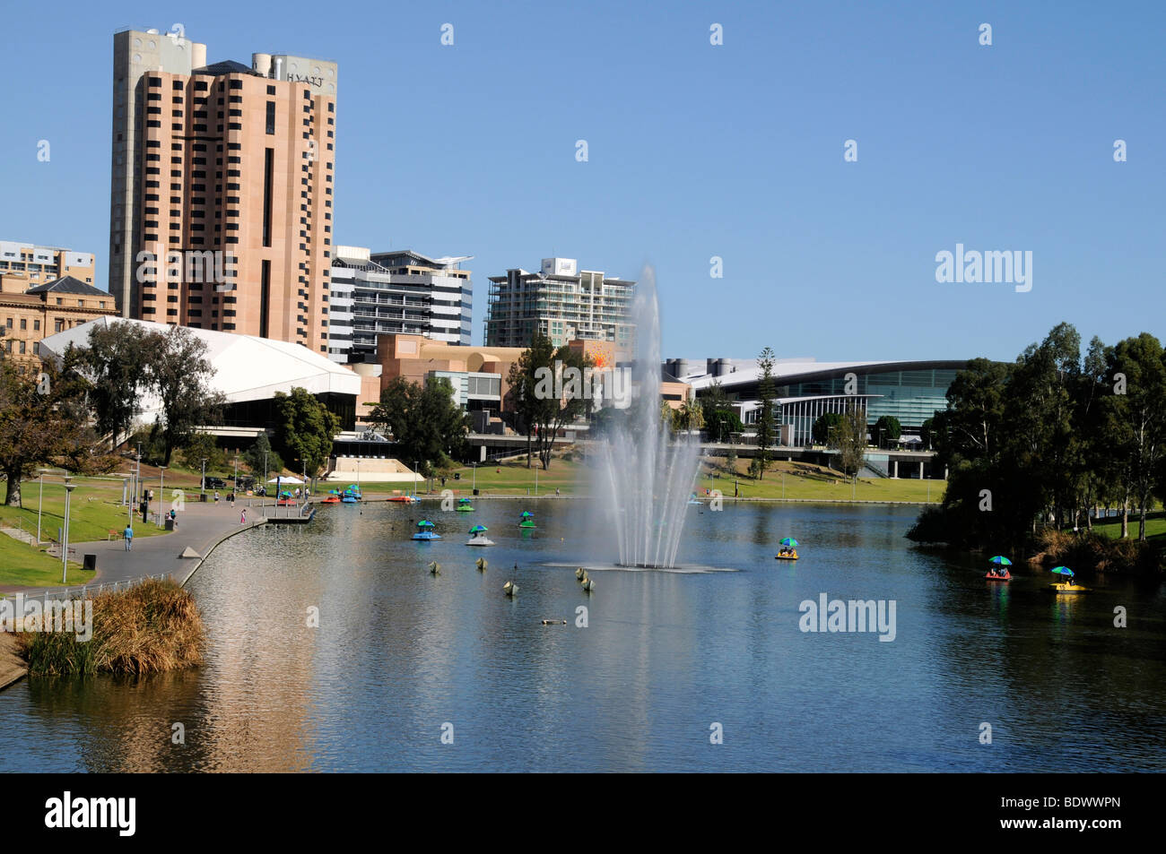 Skyline of Adelaide on the Torrens river in Australia. Stock Photo