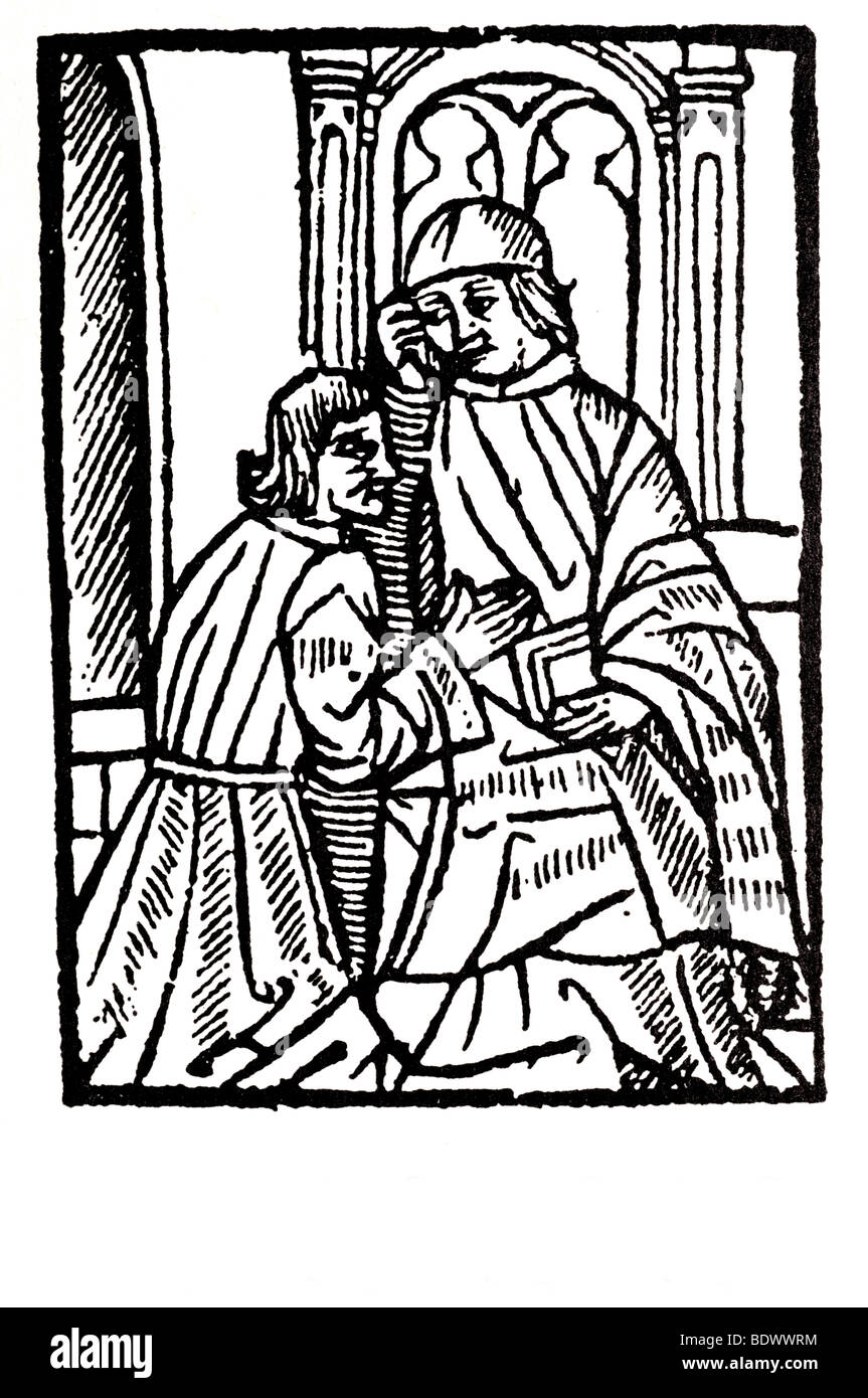 r copland 1529 serche of confessyon a man confessing to a priest who sits with his head resting on his right hand a book on his Stock Photo