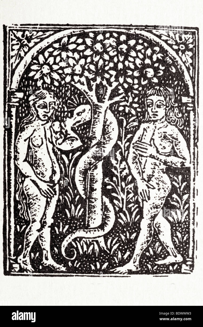 j notary 1503 1504 16 febuary voragine jacobus de legenda aurea eve holding an apple the serpant twined around the tree adam whi Stock Photo
