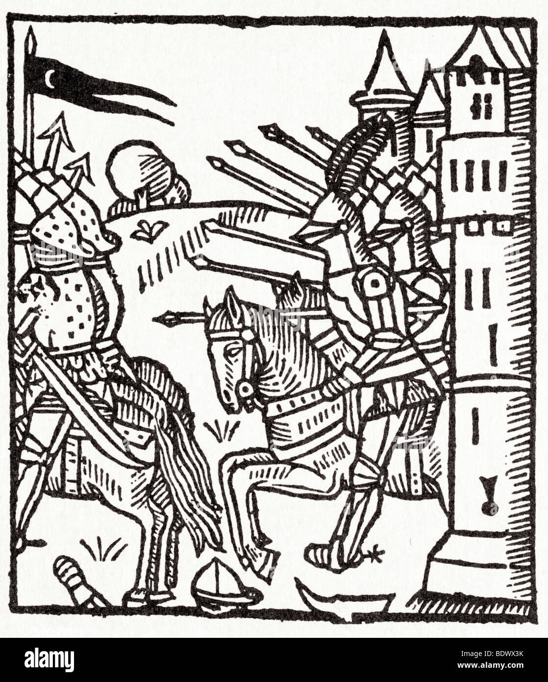 j notary 1515 chronicles of england troops riding towards the left ten helmets visible two arrows a white cresent on a black pen Stock Photo