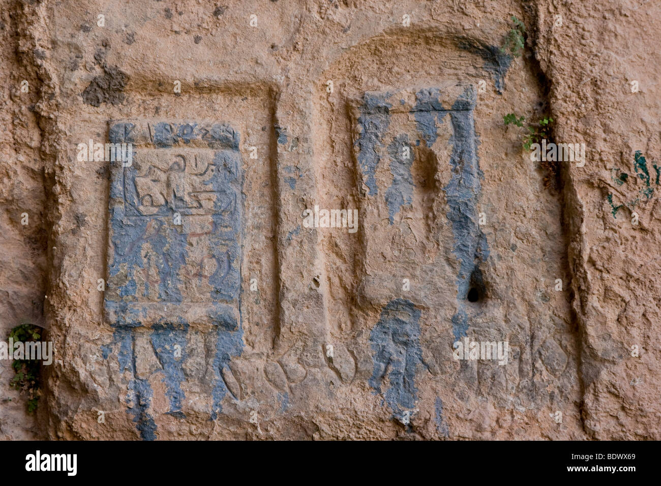 Ancient Nabataean Rock Inscription at Lawrences Spring or Ain Shalaaleh in Wadi Rum Jordan Stock Photo