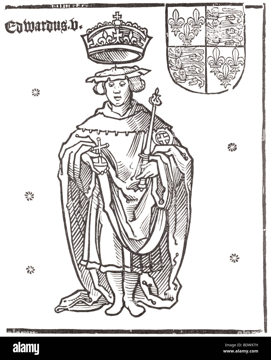 a king wearing a flat hat an orb in his right hand a sceptre in his left above his head a crown edwardus v a sheild with three f Stock Photo