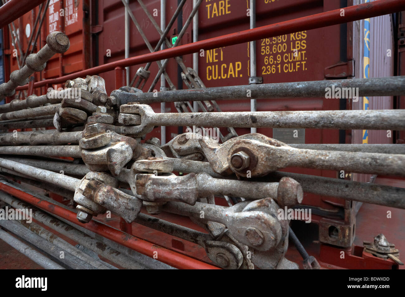 Container ship, securing struts, Turnbuckles Stock Photo Alamy
