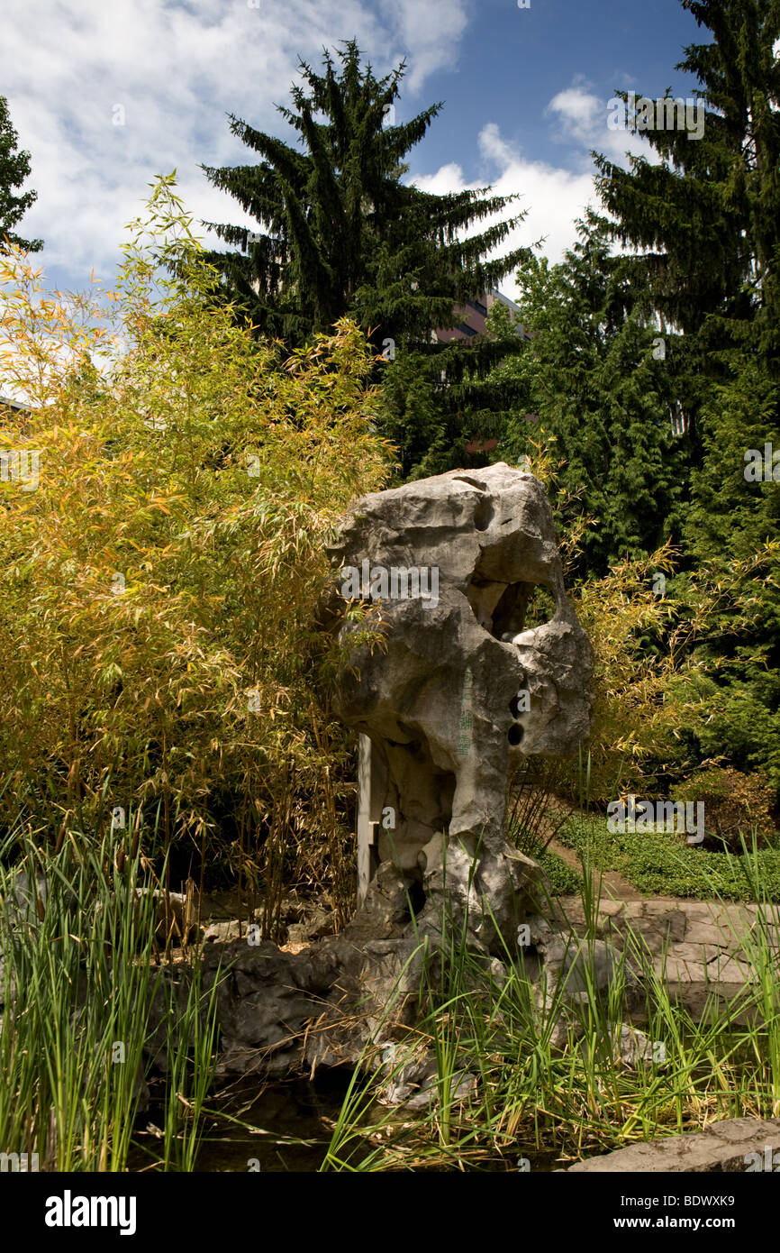 Lake Tai Rock, limestone, a gift from Suzhou China to sister city of Portland, Oregon in Terry Schrunk Federal Plaza Stock Photo
