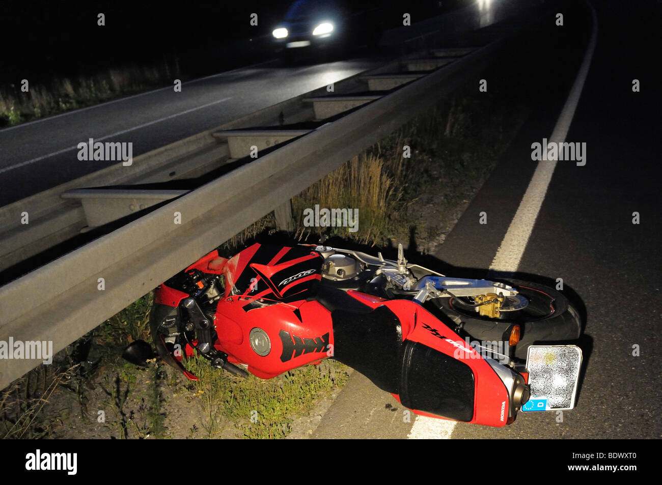 Motorcycle accident on the Bundesstrasse B 295 highway between Leonberg and Renningen, Baden-Wuerttemberg, Germany, Europe Stock Photo