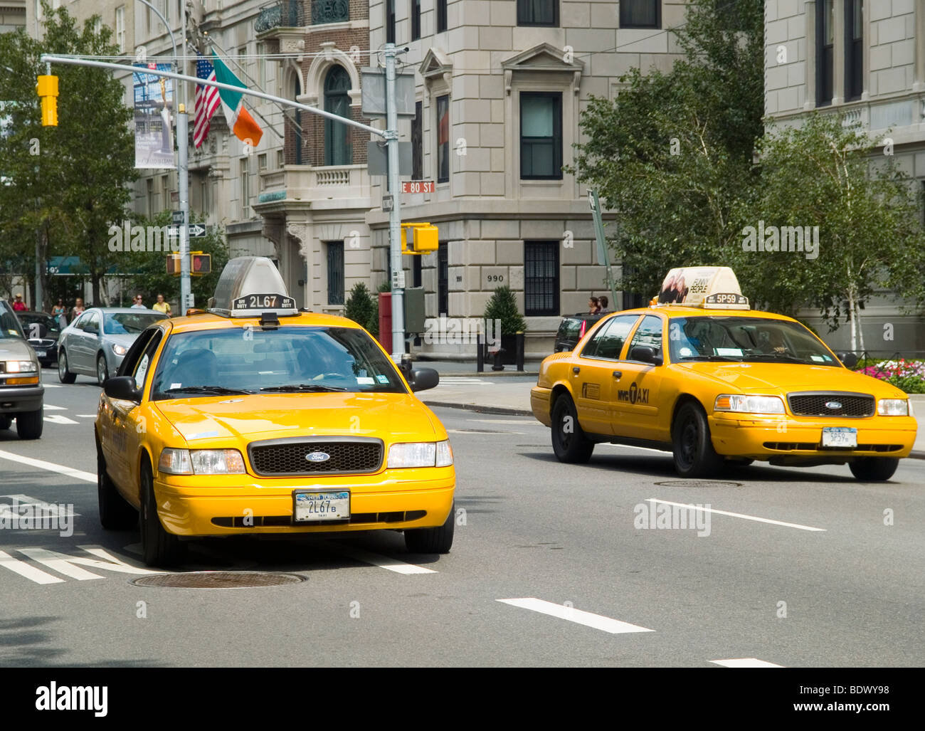 Yellow New York City Cabs on the Upper West Side in New York City, USA Stock Photo