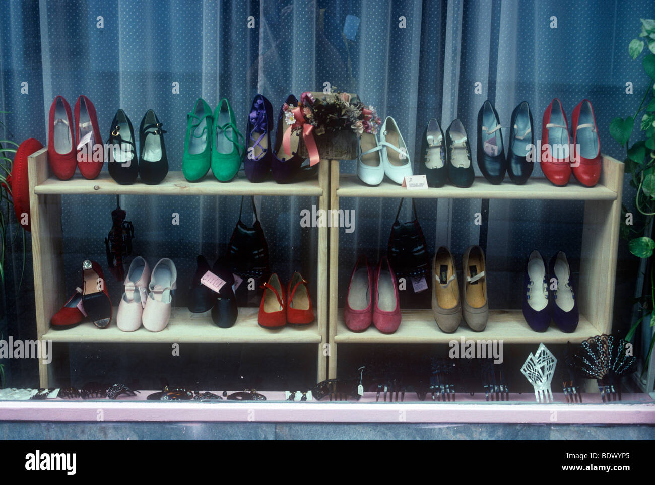 high heeled spanish dancing shoes in a shop window, Seville 90s Stock