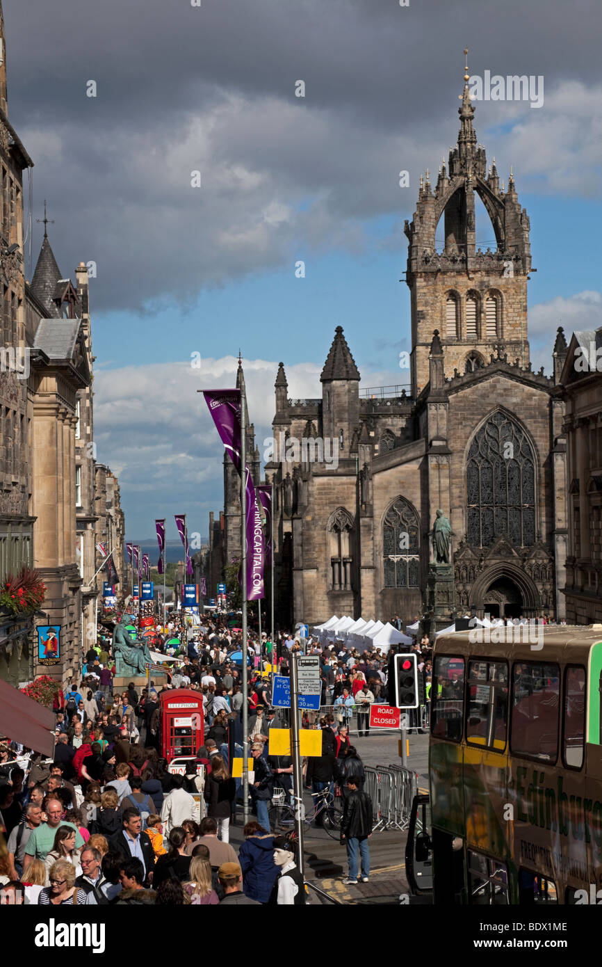 crowded streets on Royal Mile during Edinburgh Fringe Festival Scotland, UK, Europe Stock Photo