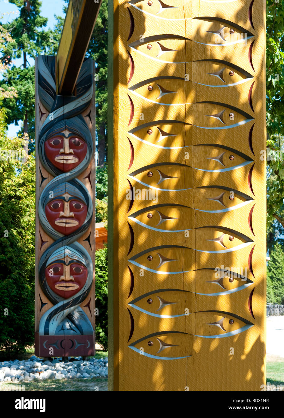 Coast Salish Welcome Gate, carved by Susan Point, at totem pole display area in Stanley Park, Vancouver, BC, Canada Stock Photo