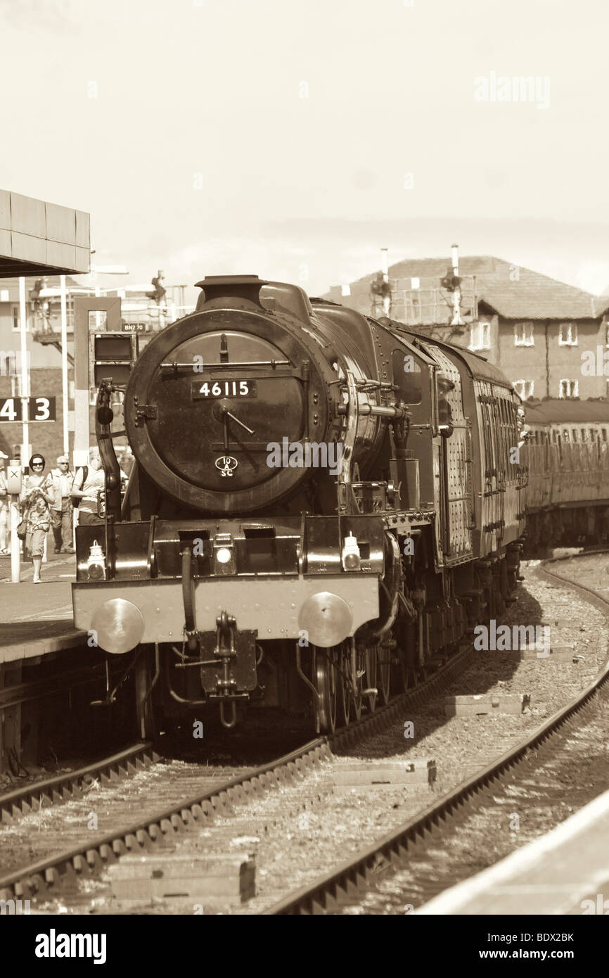 The Scots Guardsman steam locomotive standing on the platform at North Station,Blackpool,UK Stock Photo
