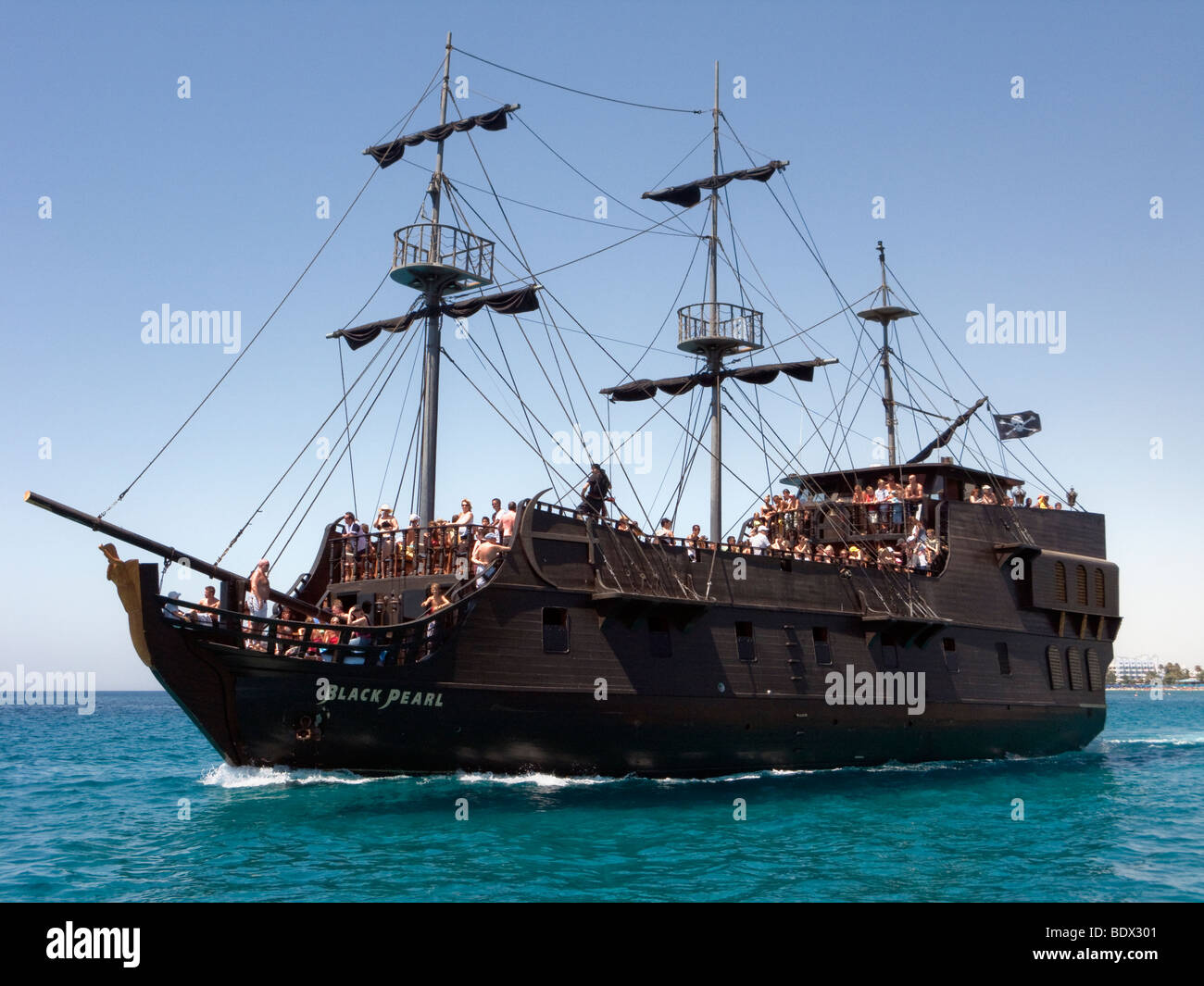 The Black Pearl, a tourist day-cruise ship at Ayia Napa, Cyprus. Stock Photo