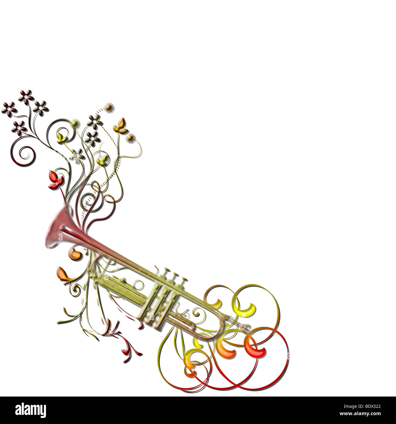 There is a musical instrument trumpet, flowers and leaves Stock Photo Alamy