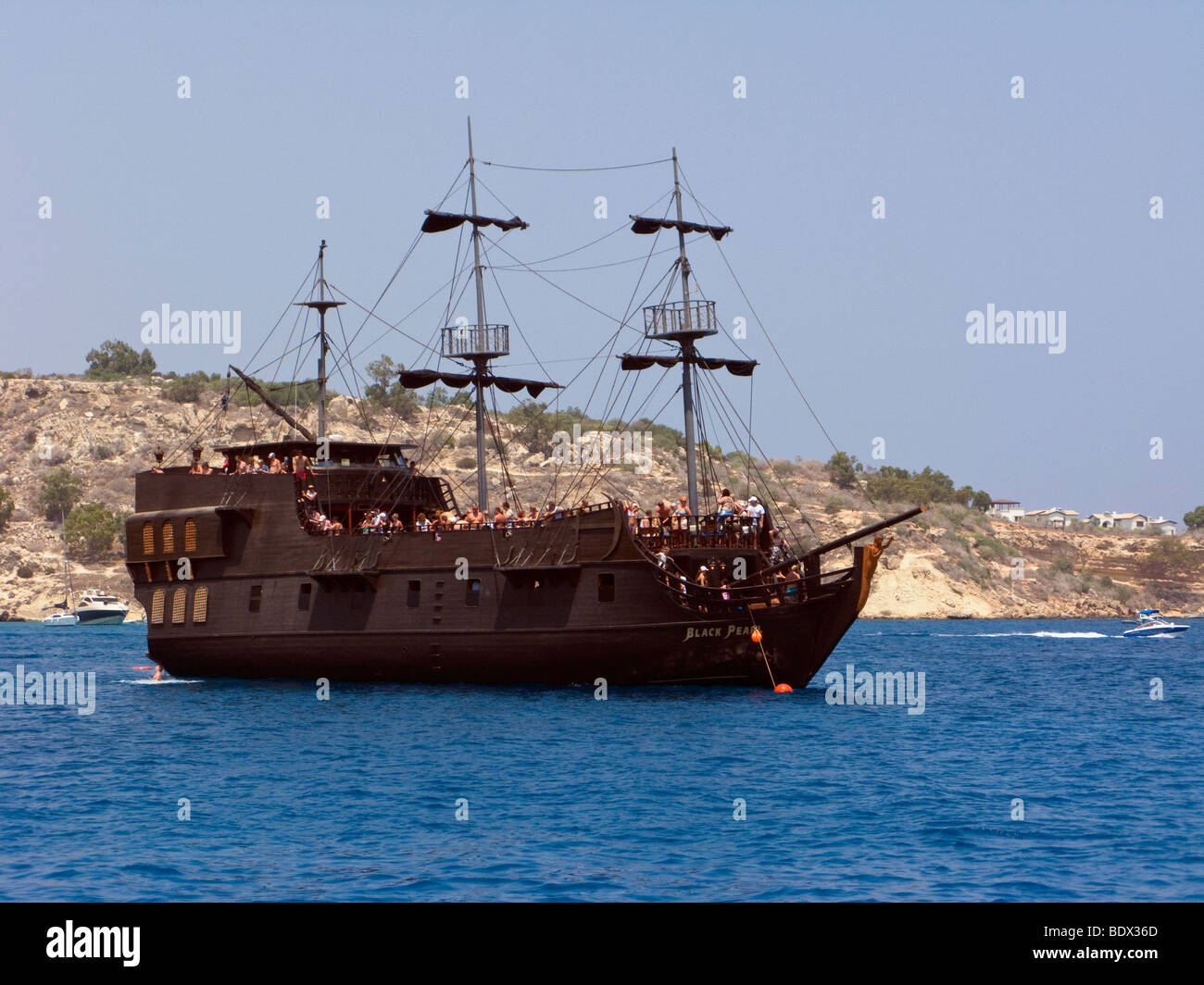 The Black Pearl, a tourist day-cruise ship at Ayia Napa, Cyprus. Stock Photo