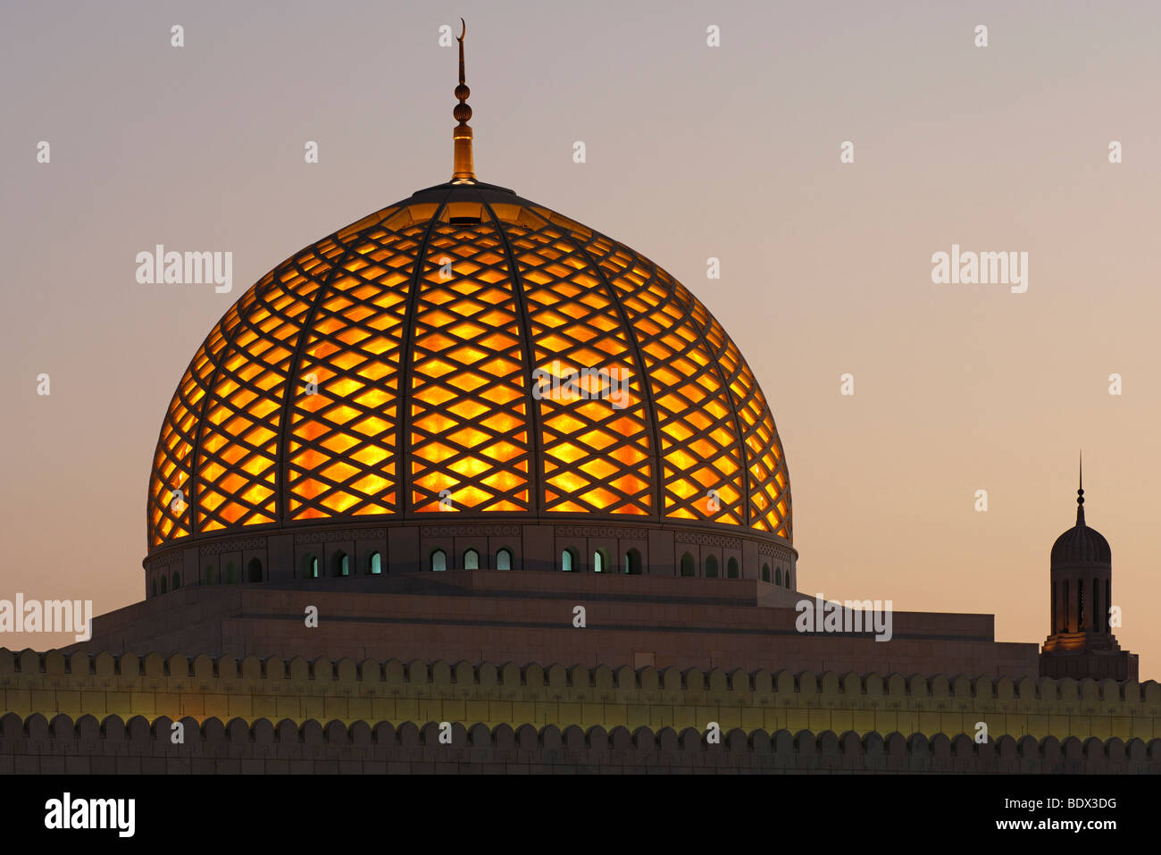 Illuminated dome of the Sultan Qaboos Grand Mosque, Muscat, Sultanate of Oman, Middle East Stock Photo