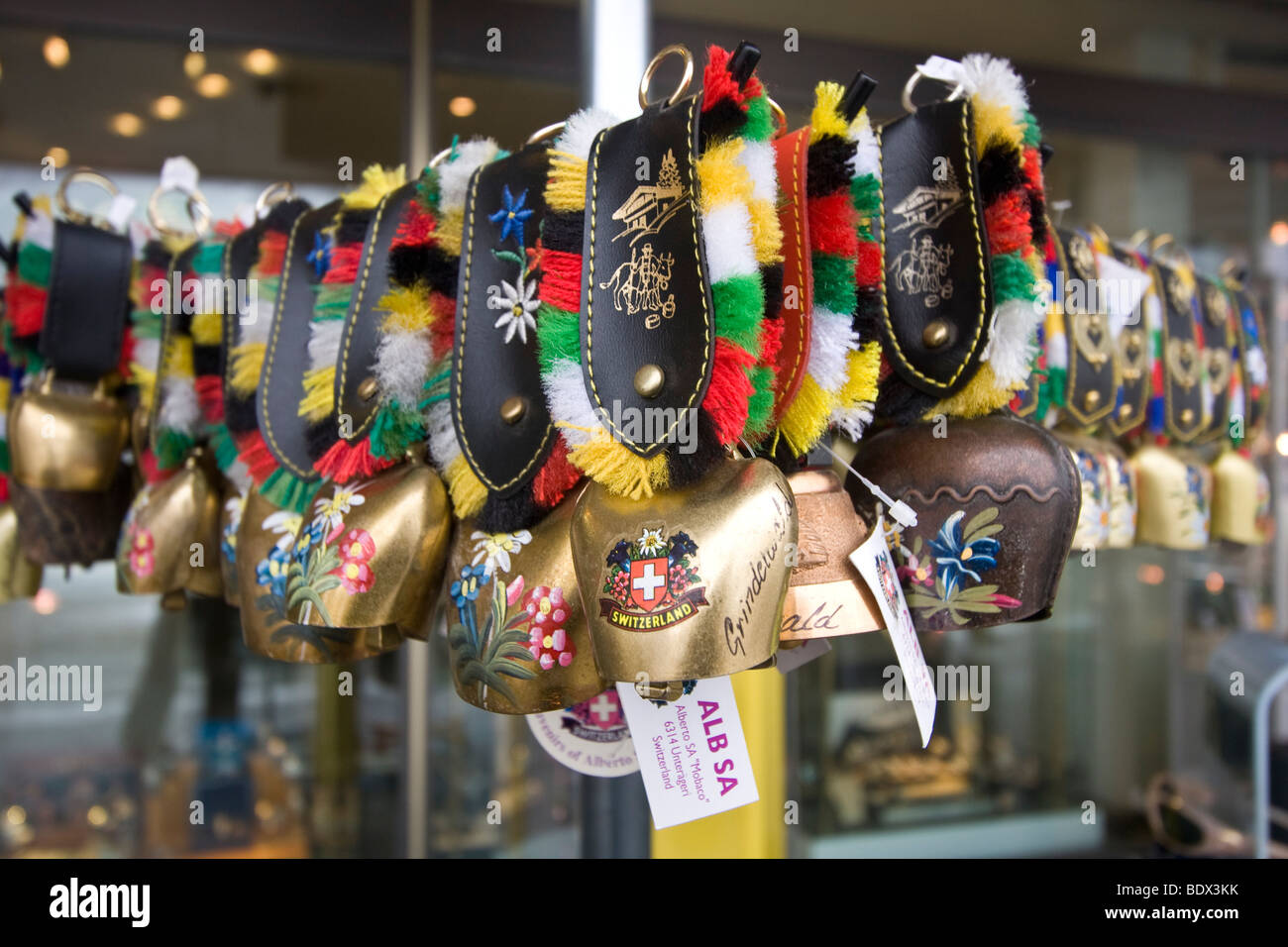 Cow bells for sale at tourist shop in Grindelwald, Switzerland. Cows are  very popular in Switzerland, as is dairy products Stock Photo - Alamy