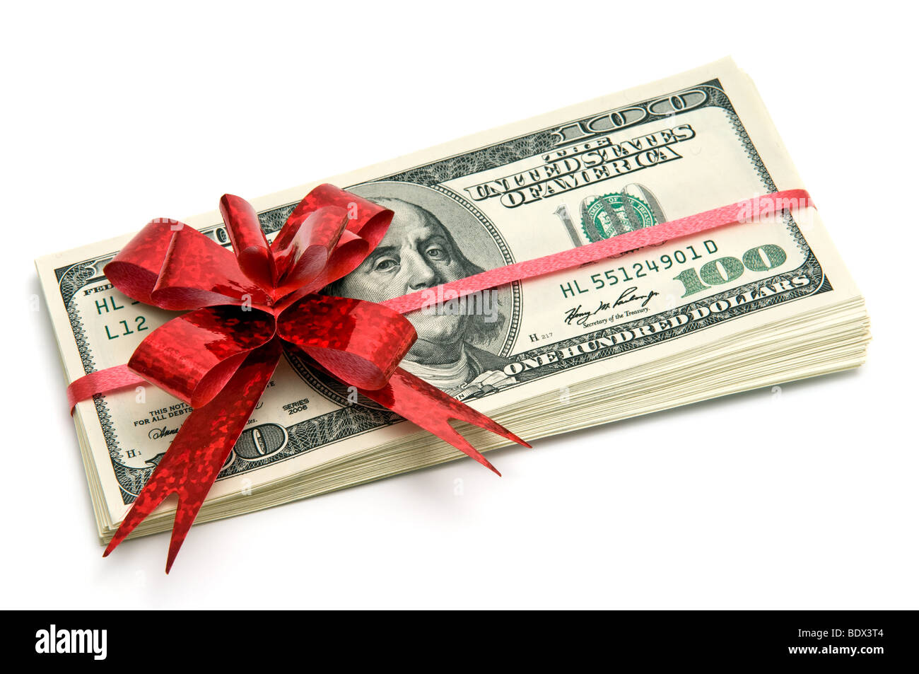 Money tied red ribbon for gift Stock Photo