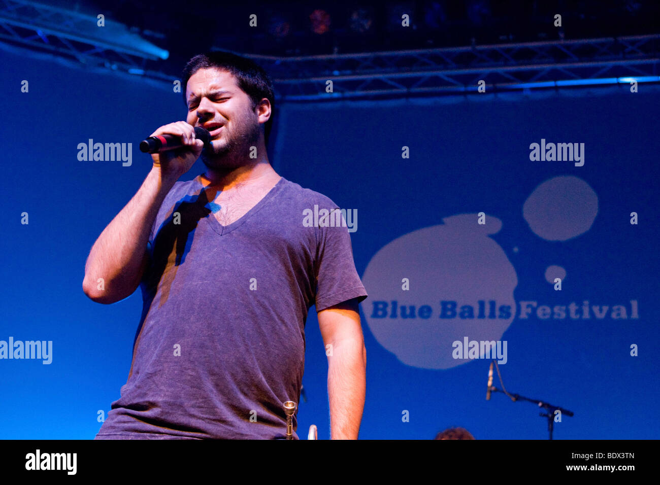 Harry James Angus, singer and trumpeter of the Australian band The Cat Empire live at the Blue Balls Festival in the Luzernersa Stock Photo