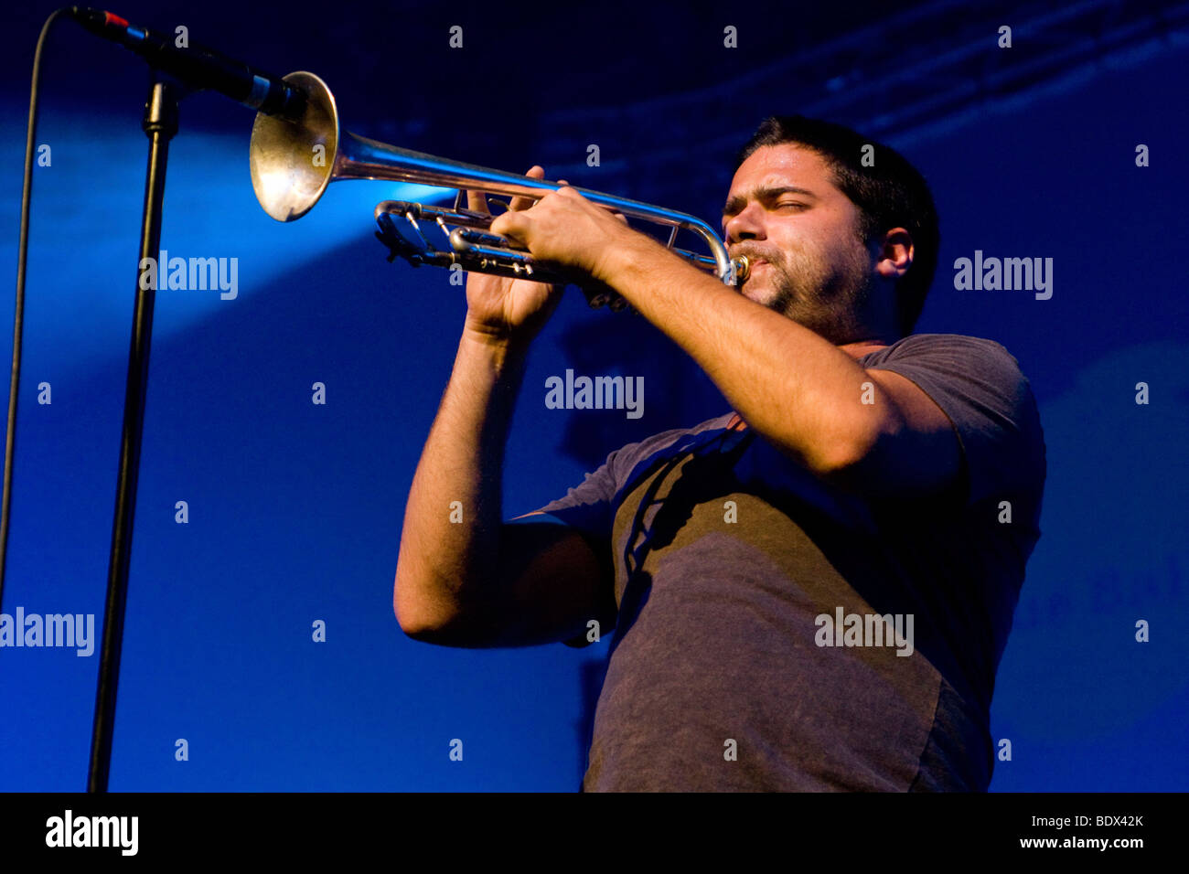 Harry James Angus, singer and trumpeter of the Australian band The Cat Empire live at the Blue Balls Festival in the Luzernersa Stock Photo