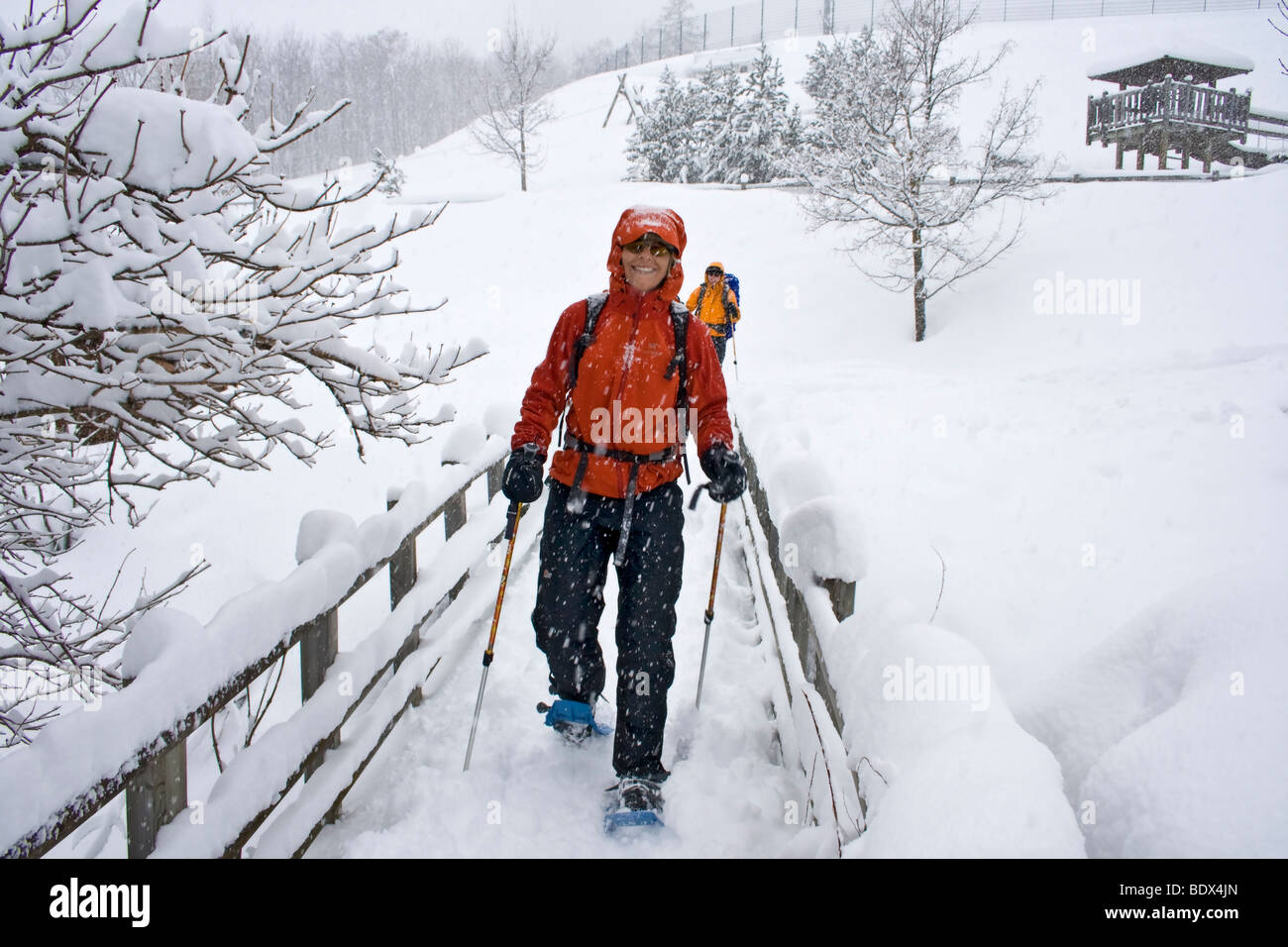 Snowshoe hiking in the village of Leukerbad, a small high alpine