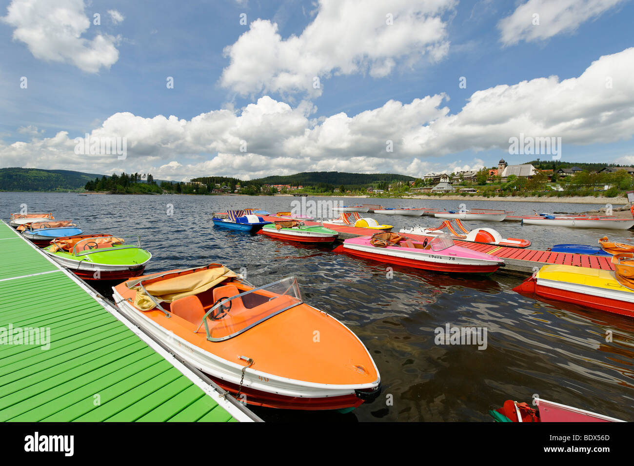 Boats on lake Schluchsee, Breisgau, Hochschwarzwald, Black Forest, Baden-Wuerttemberg, Germany, Europe Stock Photo