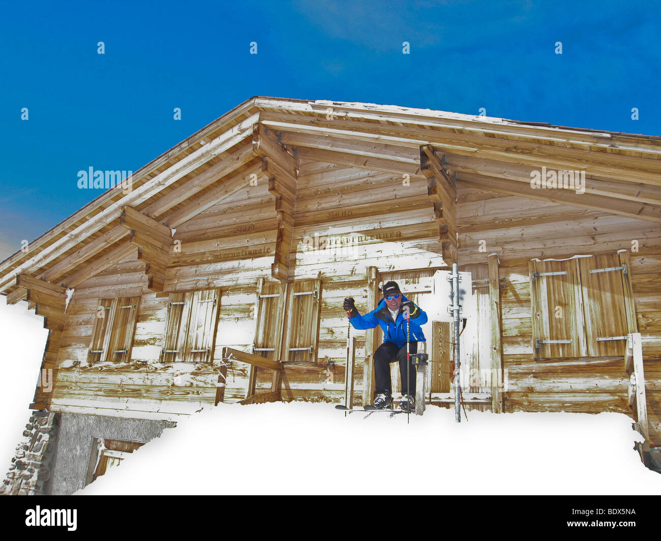 Former ski racer Urs Raber shows his winning form at start house of the Lauberhorn Worldcup Downhill race slope Stock Photo