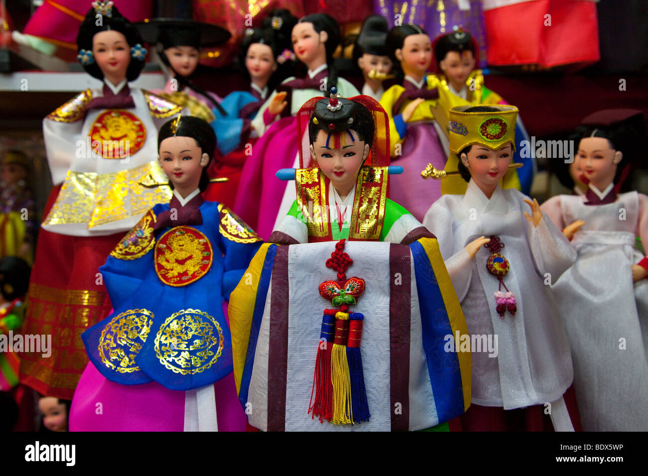 Traditionally dressed souvenir dolls in Insadong in Seoul South Korea Stock Photo
