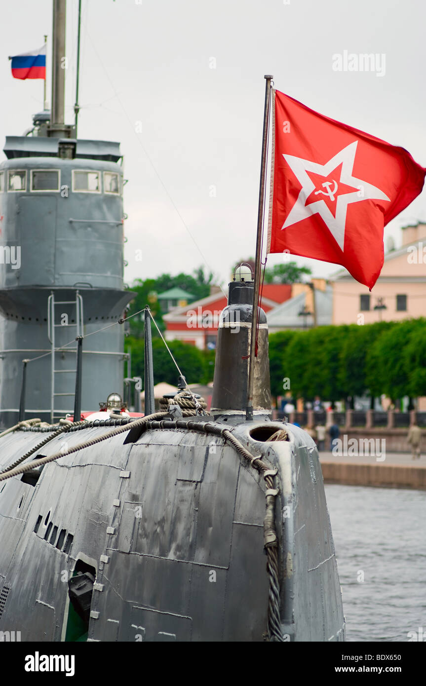 Russian diesel submarine with flags in harbor in St. Petersburg, Russia Stock Photo