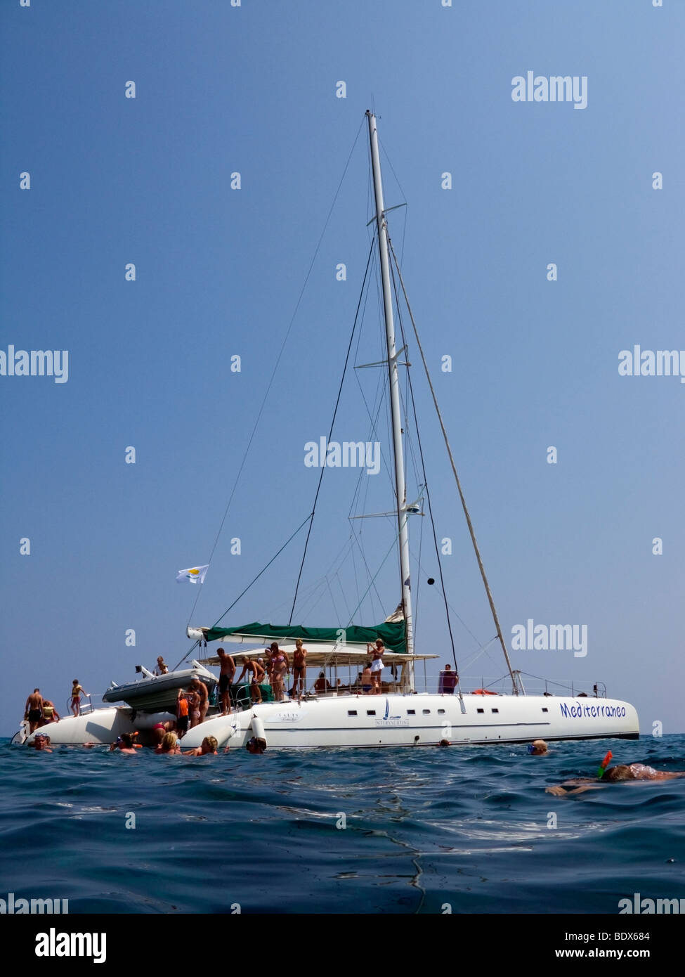 Tourists on a catamaran near Ayia Napa, Cyprus. Stock Photo