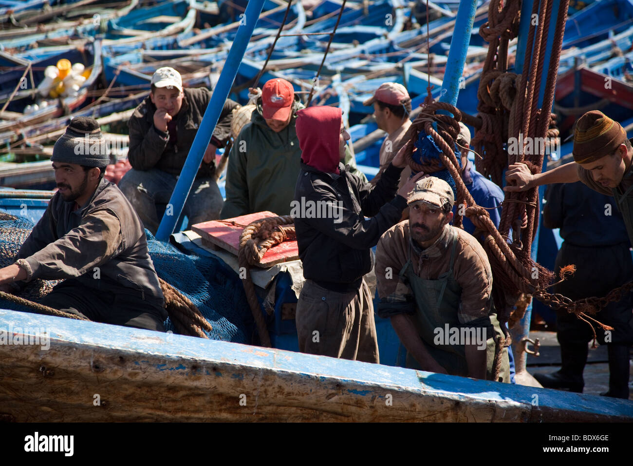 Fishermen returning with their fish catch in Essaouira on the Atlantic Coast of Morocco Stock Photo