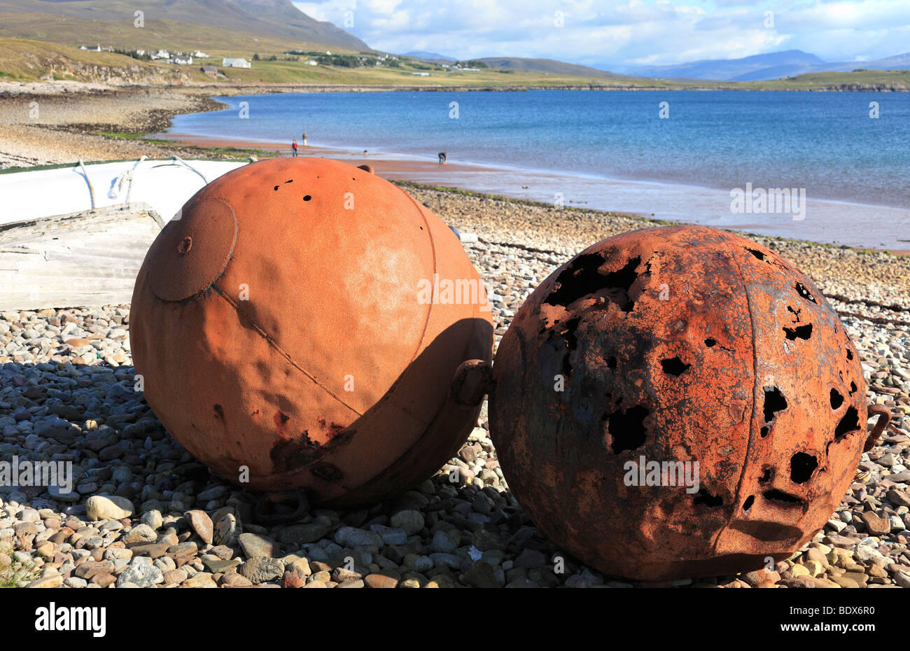 Rusty old Buoys at Badentarbat Bay, Achiltibuie, Coigach, Ross-shire, Scotland Stock Photo