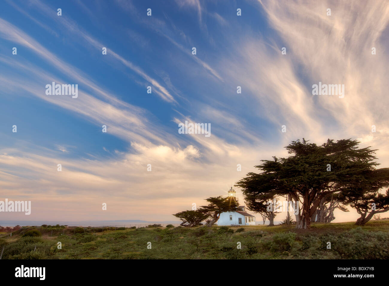 Point Pinos Lighthouse with steaking clouds. Pacific Grove, California Stock Photo