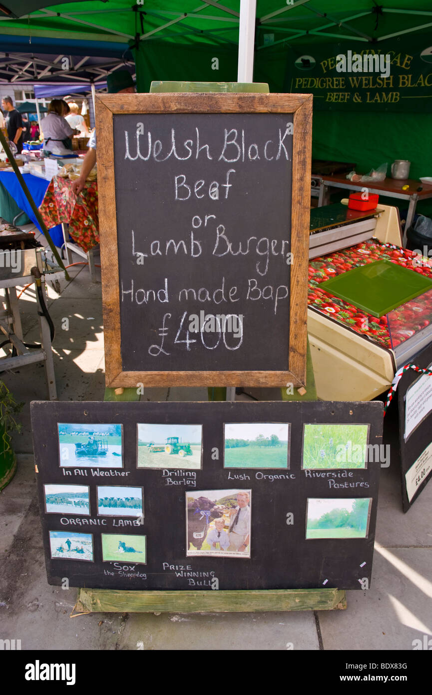 Welsh black beef and lamb burgers for sale at farmers market in UK