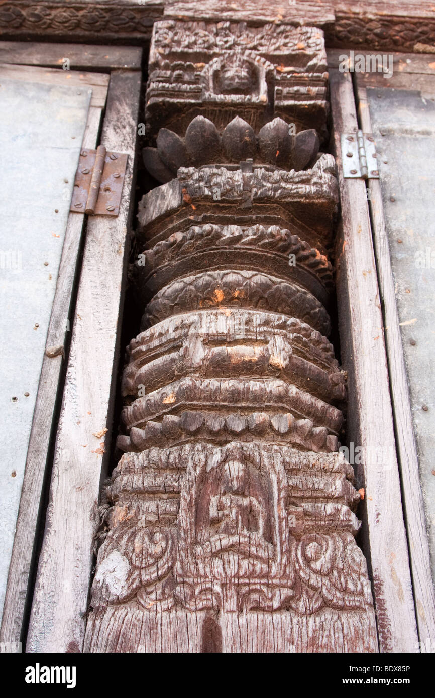 Kathmandu, Nepal. Carved Roof Support Beam, Hindu Temple. Stock Photo