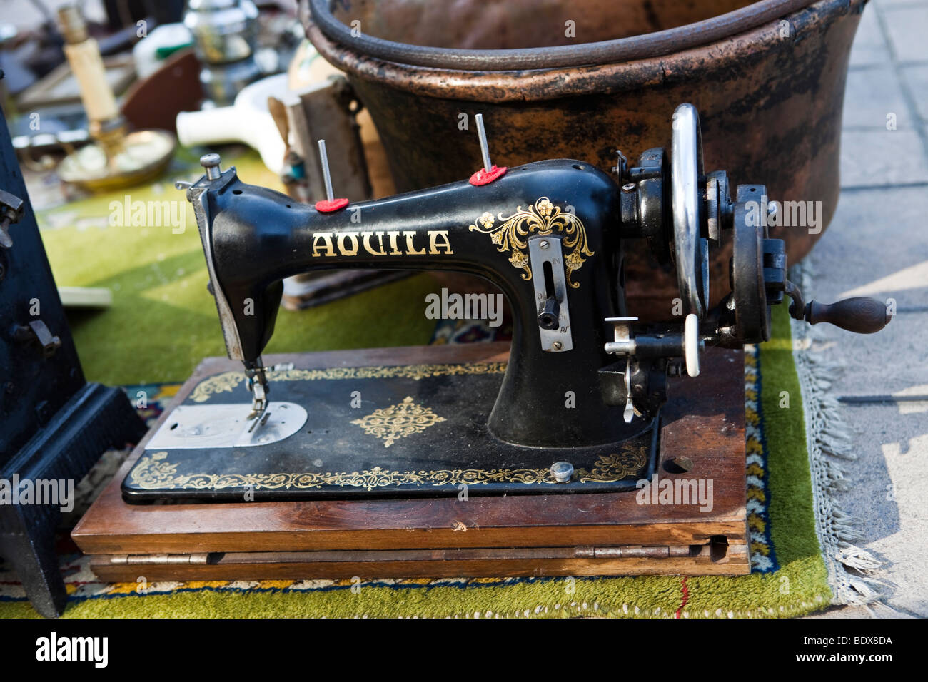 Old sewing machine "Aquila", Tuscany, Italy, Mediterranean Europe, EU. Stock Photo
