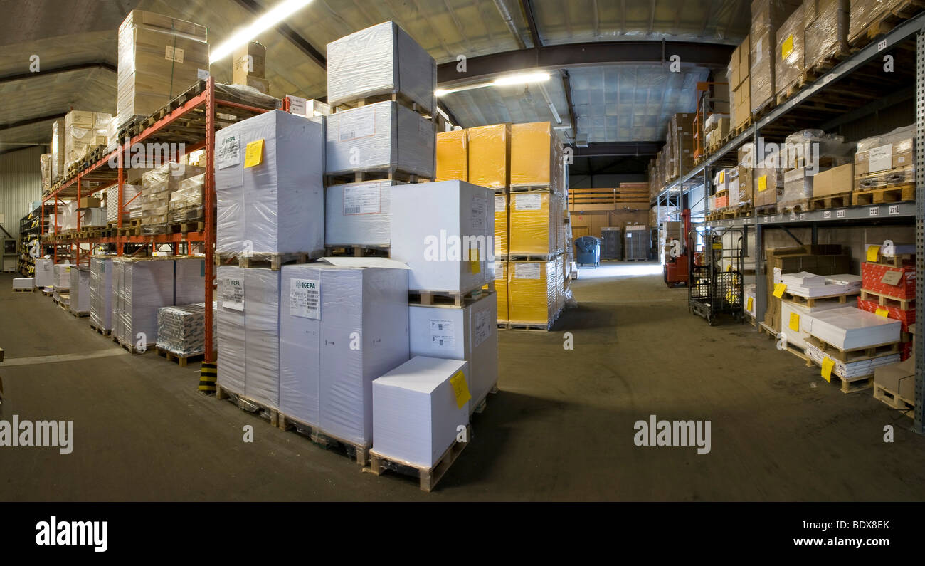 Paper storage, warehousing, storage in an industrial hall Stock Photo