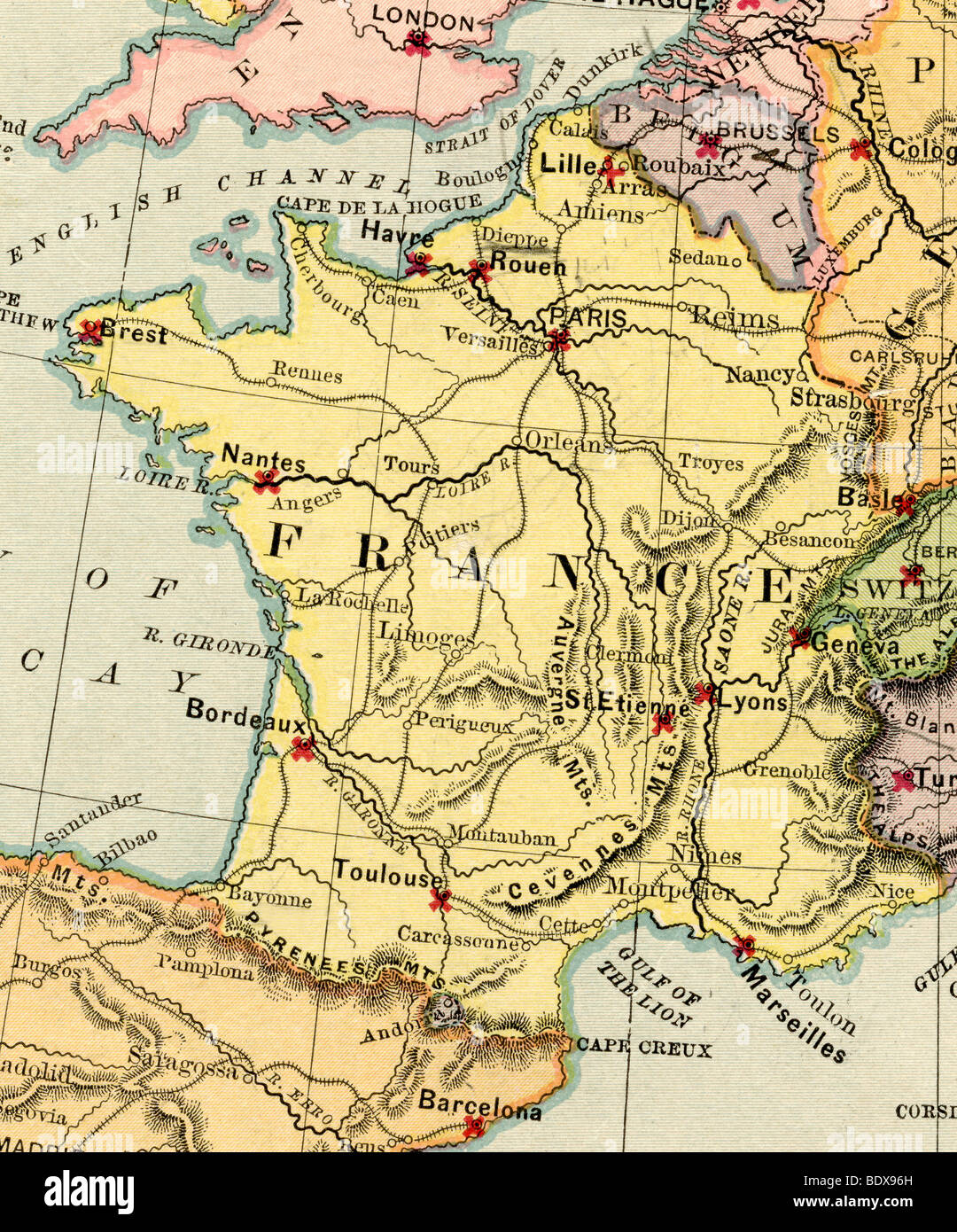 Original old map of France from 1875 geography textbook Stock Photo Alamy