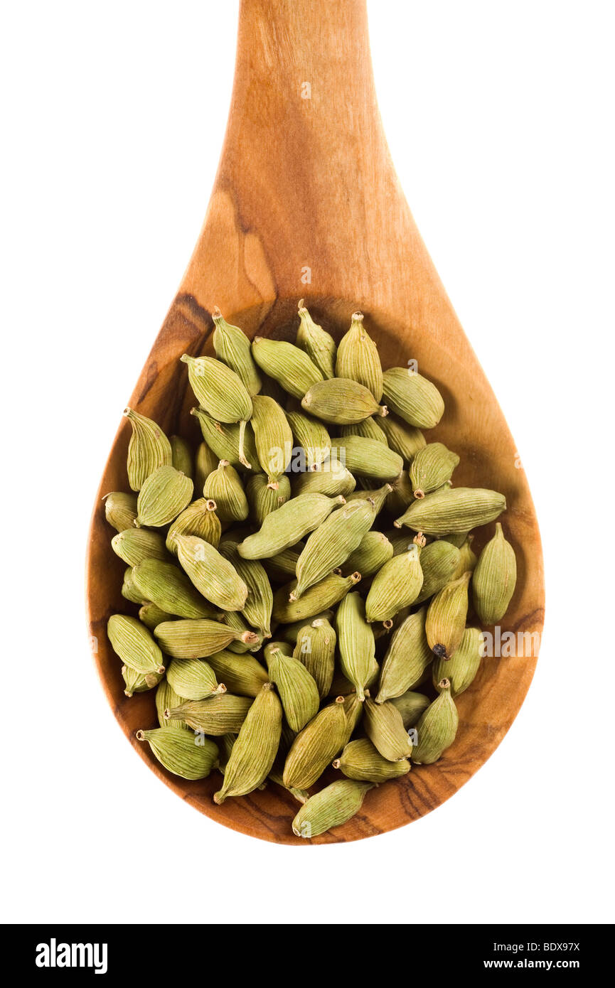 Cardamom (Elettaria cardamomum) on an olive wood spoon Stock Photo