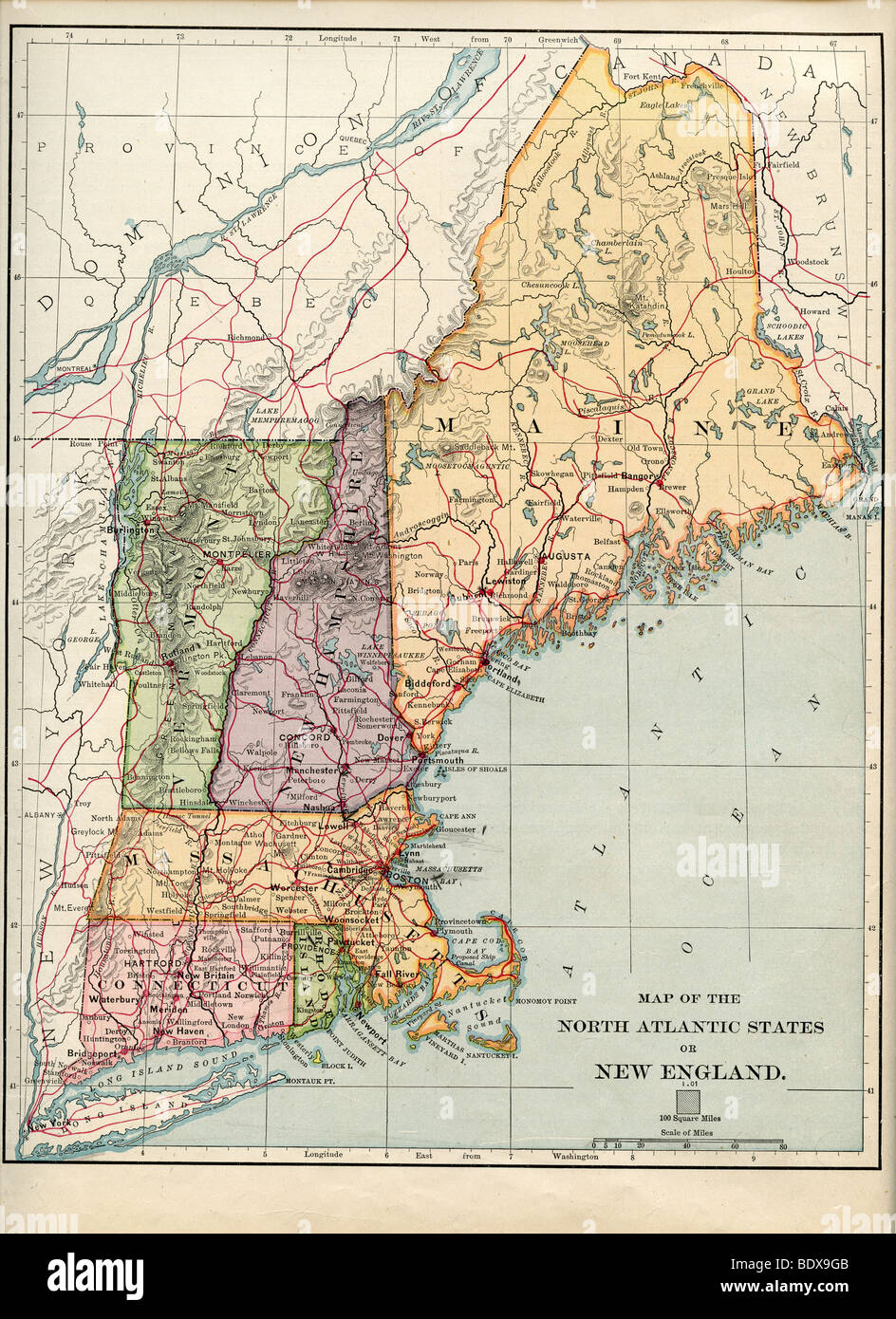 Original old map of New England from 1875 geography textbook Stock 