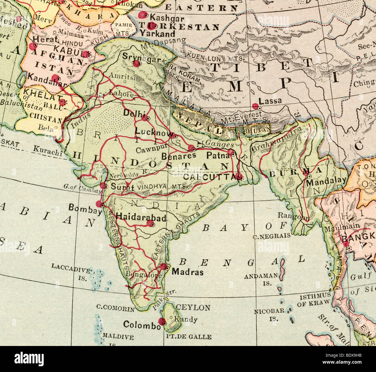 Original old map of India from 1875 geography textbook Stock Photo
