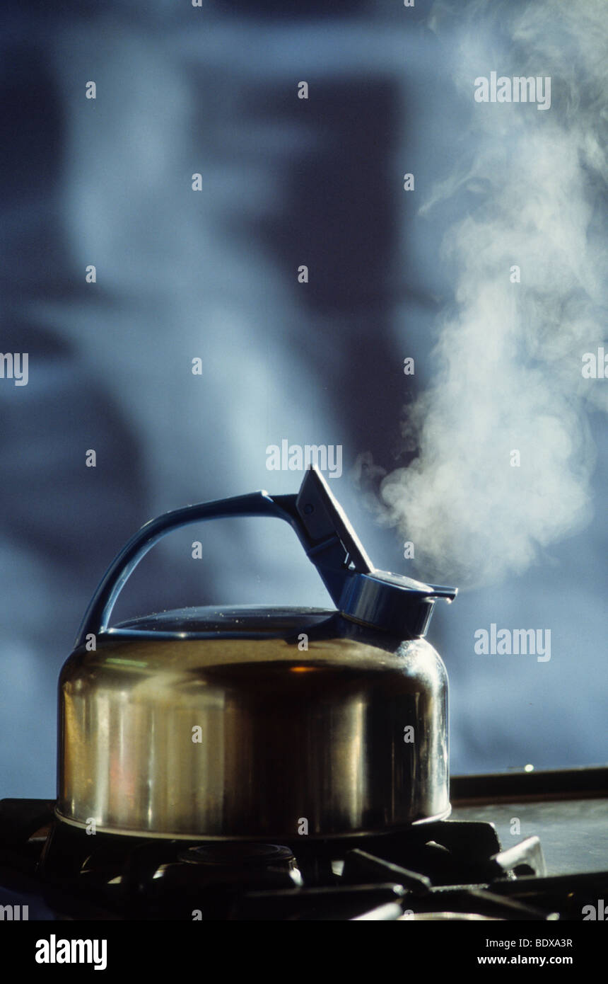 blue flame under teapot causes water inside to expand into steam which