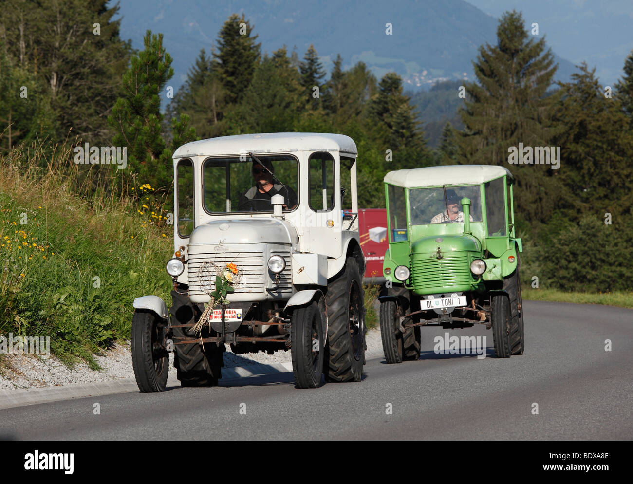 Vintage Tractor, Great Walsertal valley, Vorarlberg, Austria, Europe Stock Photo