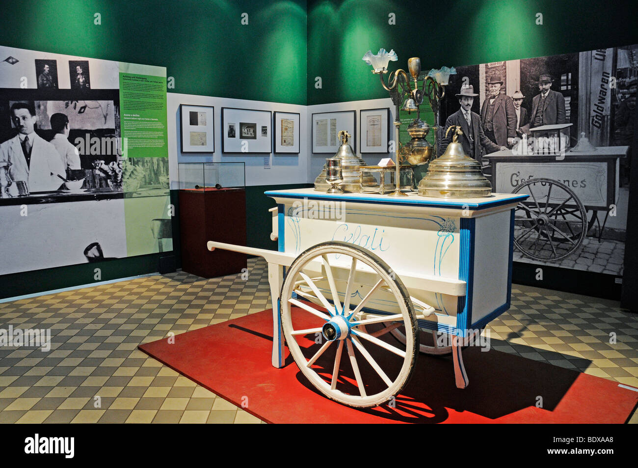 Historical ice-cream truck, Italian ice cream parlors, exhibition, Zeche Hannover mine, LWL Industriemuseum industrial museum,  Stock Photo