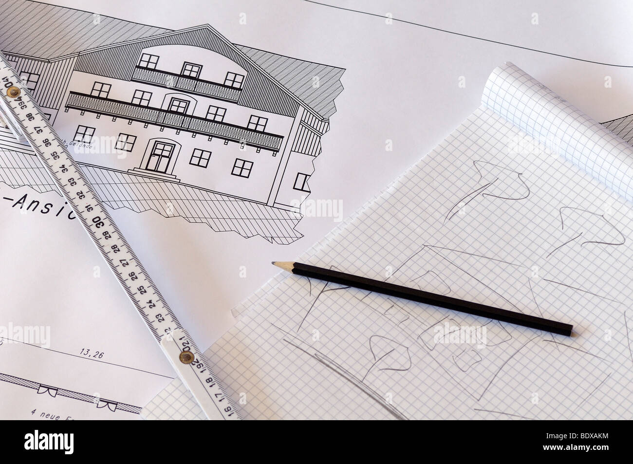 Architectural plan with ruler, pencil, block and sketch, detail Stock Photo