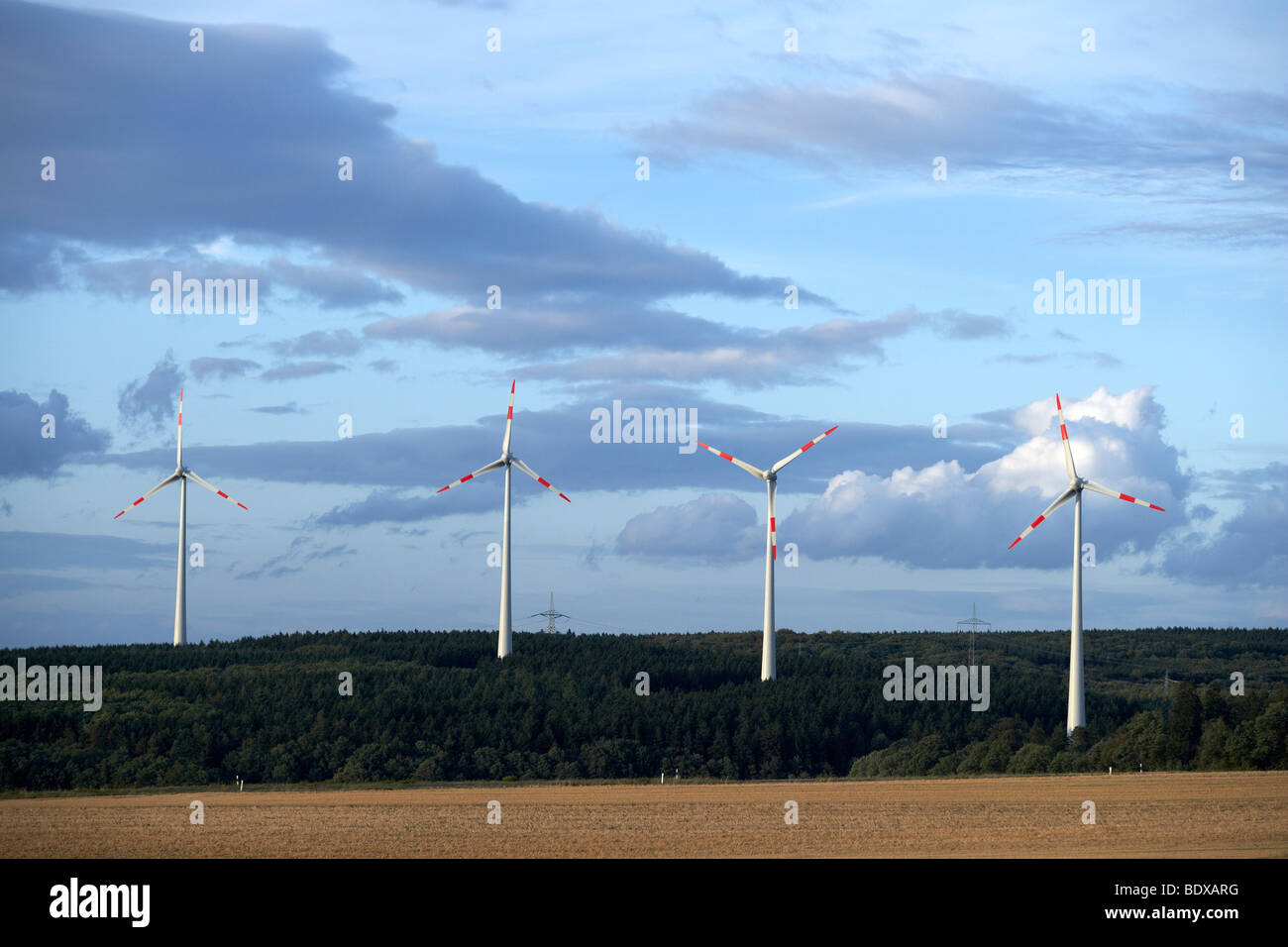 Wind farm near Kisselbach in the Hunsrueck region, Rhineland-Palatinate, Germany, Europe Stock Photo