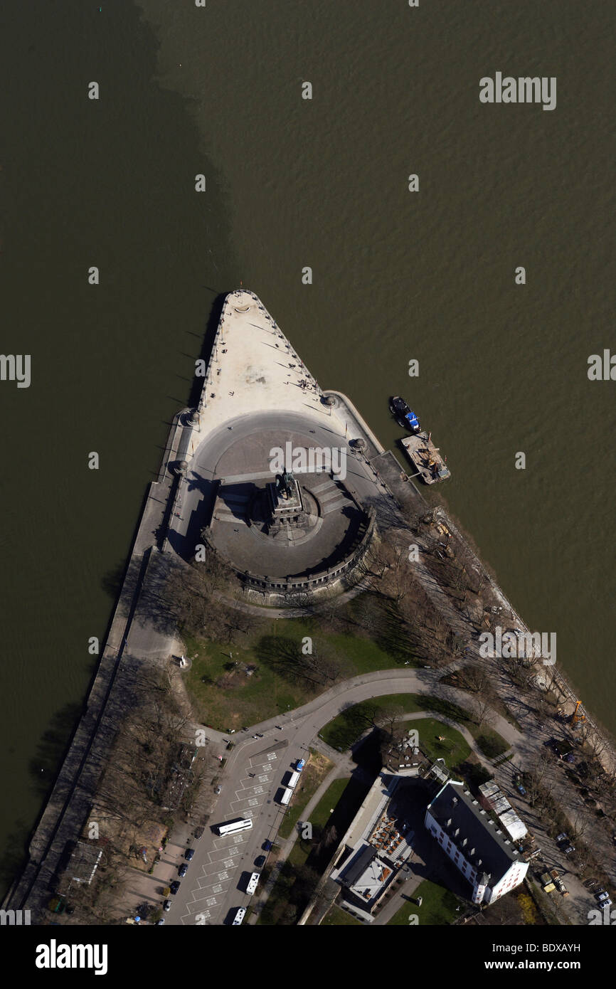 Aerial view, the Deutsche Eck German corner with the equestrian statue of Kaiser Wilhelm at the confluence of the Rhine and Mos Stock Photo